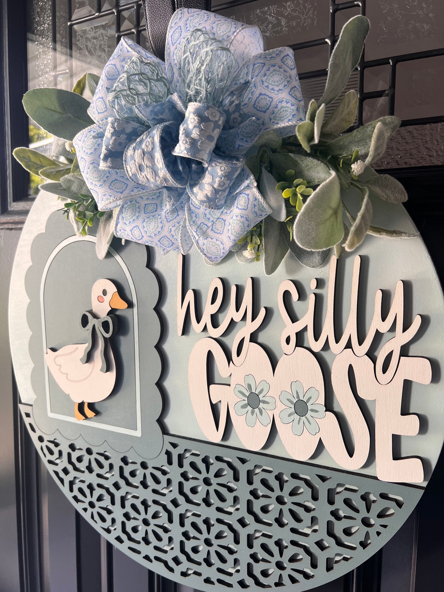 spring summer door decor goose sign with bow greenery soft blue green palette