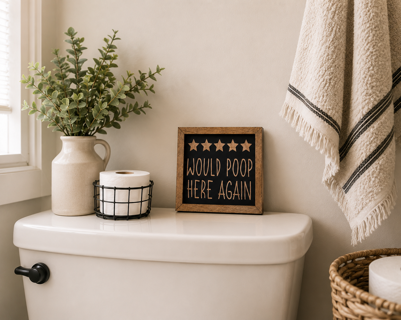 Would Poop Here Again engraved birch wood sign with five stars on black background, warm stained wood frame, product view on white background